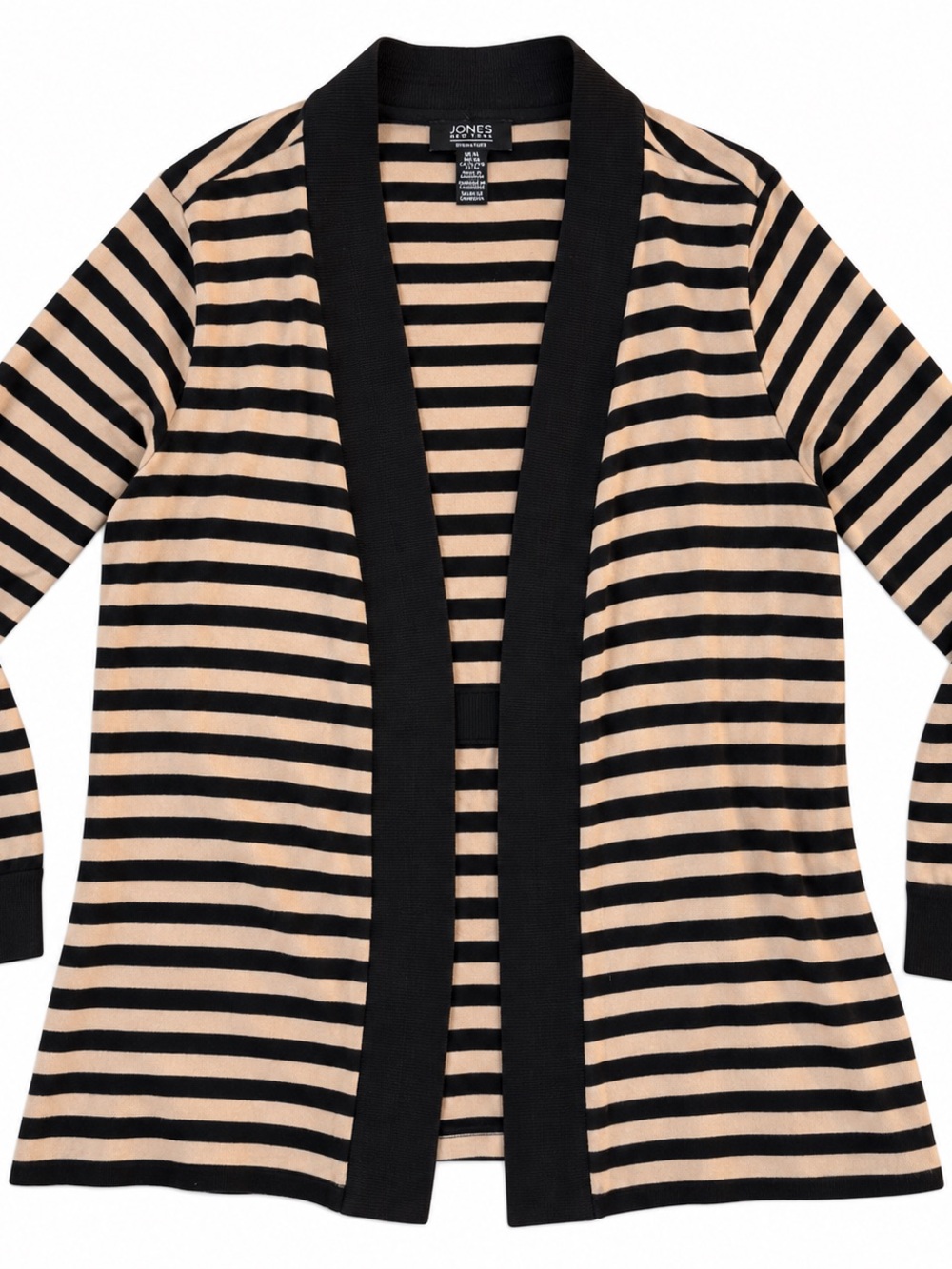Jones New York Black and Beige Striped Open-Front Cardigan